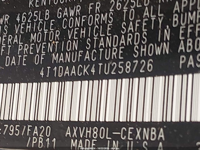 46426924 :رقم المزاد ، 4T1DAACK4TU258726 vin ، 2026 Toyota Camry Le مزاد بيع