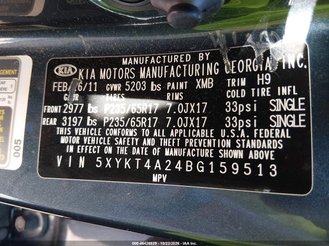 Auction sale of the 2011 Kia Sorento Lx V6, vin: 5XYKT4A24BG159513, lot number: 46426929