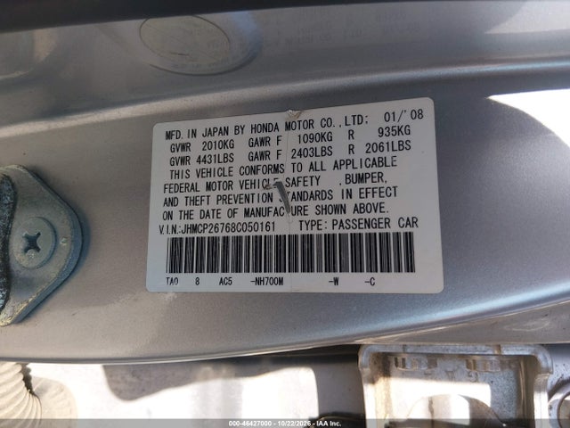 46427000 :رقم المزاد ، JHMCP26768C050161 vin ، 2008 Honda Accord 2.4 Ex مزاد بيع