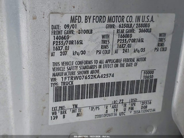 Продаж на аукціоні авто 2002 Ford F-150 Lariat/xlt, vin: 1FTRW07652KA42574, номер лоту: 46427024