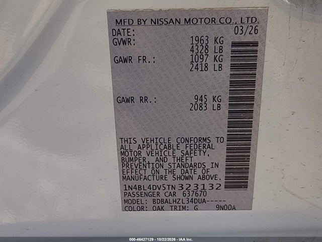 46427129 :رقم المزاد ، 1N4BL4DV5TN323132 vin ، 2026 Nissan Altima Sv Fwd مزاد بيع
