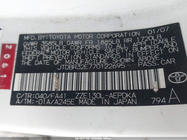 Aukcja sprzedaży 2007 Toyota Corolla Ce, vin: JTDBR32E770122695, numer aukcji: 46427136