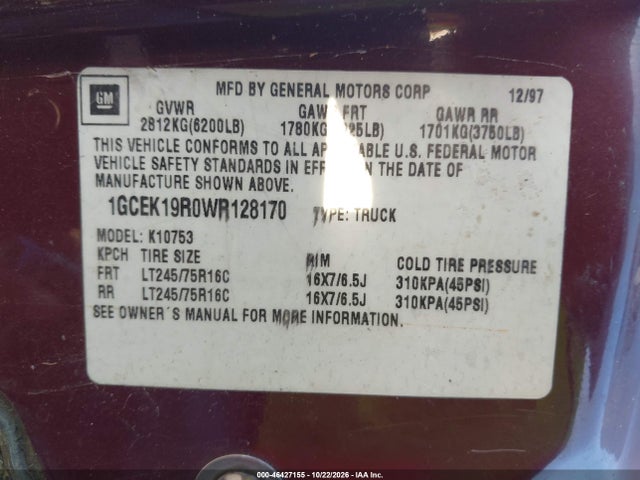 1998 Chevrolet K1500 Fleetside მანქანა იყიდება აუქციონზე, vin: 1GCEK19R0WR128170, აუქციონის ნომერი: 46427155