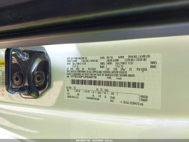 2018 Ford F-150 Xl მანქანა იყიდება აუქციონზე, vin: 1FTEX1EP1JFE49778, აუქციონის ნომერი: 46427189