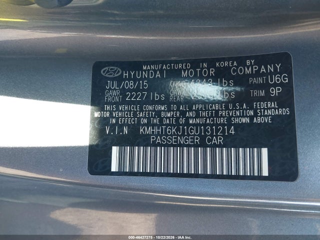 2016 Hyundai Genesis 3.8 Base მანქანა იყიდება აუქციონზე, vin: KMHHT6KJ1GU131214, აუქციონის ნომერი: 46427275