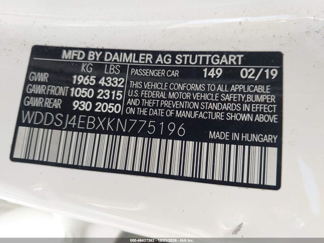 Продажа на аукционе авто 2019 Mercedes-benz Cla 250, vin: WDDSJ4EBXKN775196, номер лота: 46427362