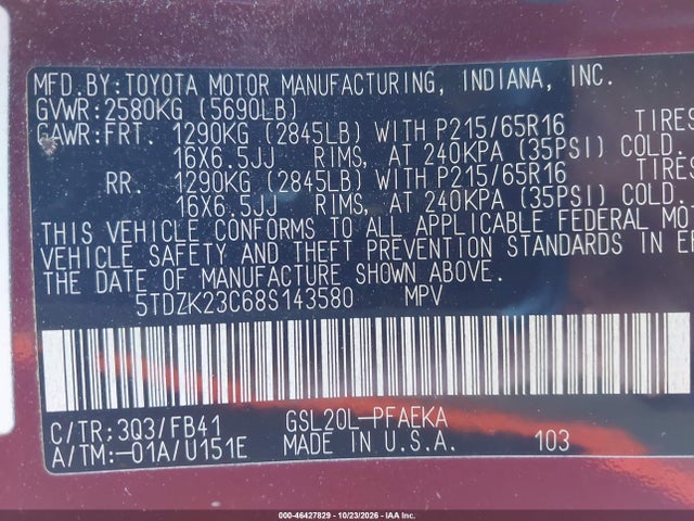 Продажа на аукционе авто 2008 Toyota Sienna Ce, vin: 5TDZK23C68S143580, номер лота: 46427829