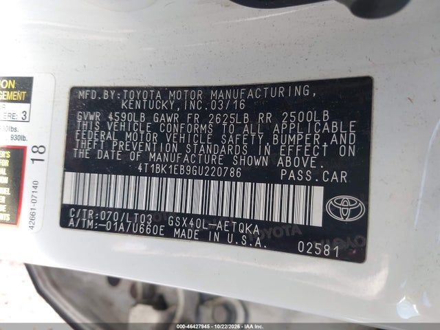 2016 Toyota Avalon Touring მანქანა იყიდება აუქციონზე, vin: 4T1BK1EB9GU220786, აუქციონის ნომერი: 46427945