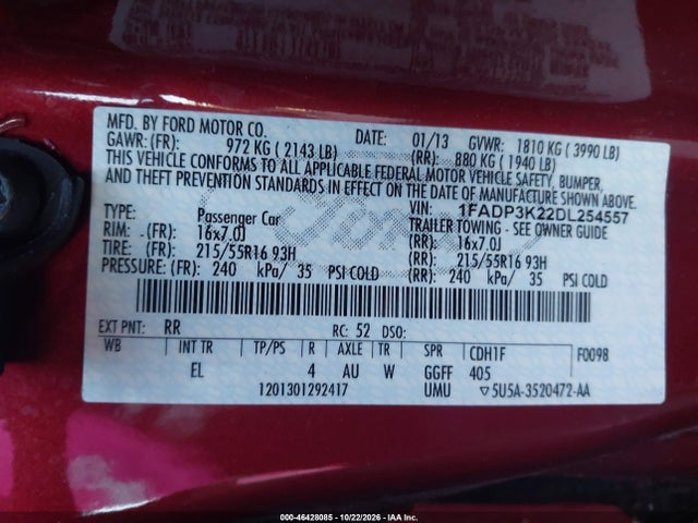 Продажа на аукционе авто 2013 Ford Focus Se, vin: 1FADP3K22DL254557, номер лота: 46428085