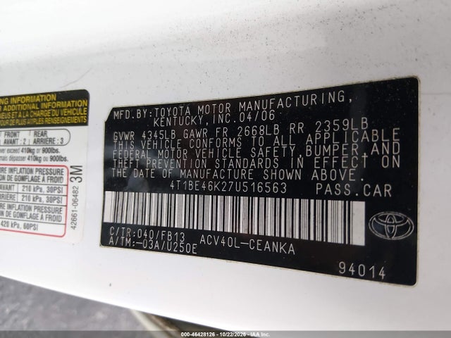 Продаж на аукціоні авто 2007 Toyota Camry Le, vin: 4T1BE46K27U516563, номер лоту: 46428126
