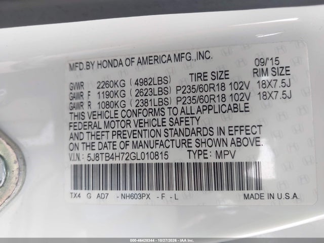 Продажа на аукционе авто 2016 Acura Rdx Advance Package, vin: 5J8TB4H72GL010815, номер лота: 46428344