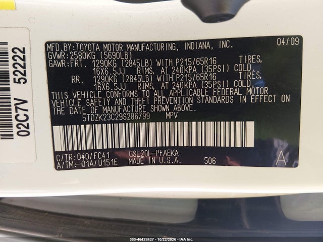 46428427 :رقم المزاد ، 5TDZK23C29S286799 vin ، 2009 Toyota Sienna Le مزاد بيع