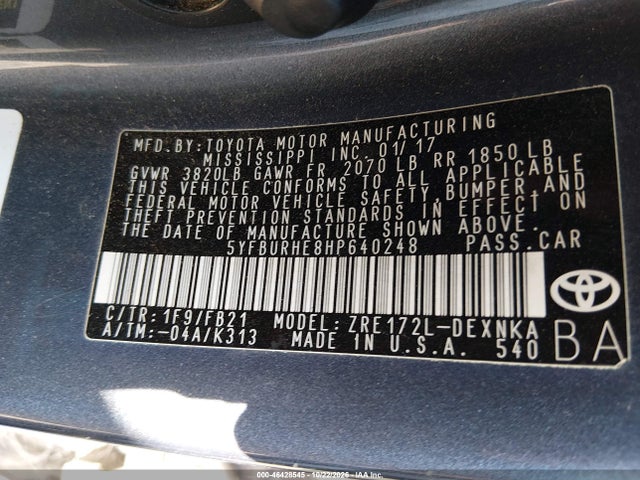 46428545 :رقم المزاد ، 5YFBURHE8HP640248 vin ، 2017 Toyota Corolla Le مزاد بيع
