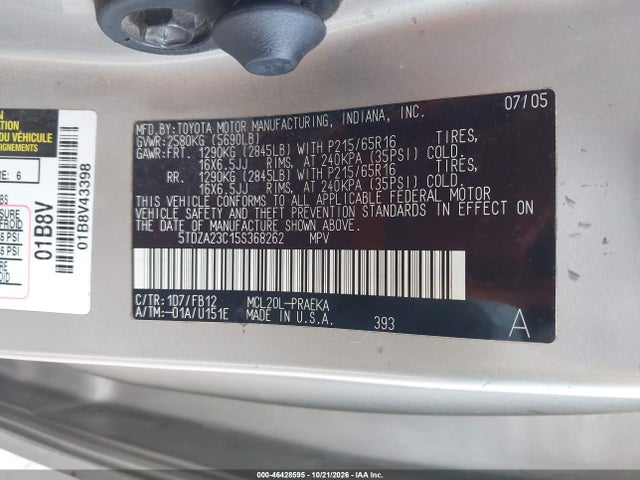 Продаж на аукціоні авто 2005 Toyota Sienna Le, vin: 5TDZA23C15S368262, номер лоту: 46428595