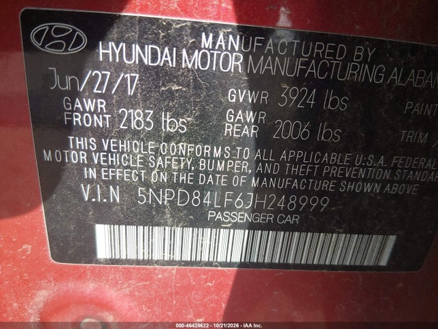 46428622 :رقم المزاد ، 5NPD84LF6JH248999 vin ، 2018 Hyundai Elantra Value Edition مزاد بيع