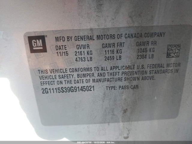 46428700 :رقم المزاد ، 2G1115S39G9145021 vin ، 2016 Chevrolet Impala 2lt مزاد بيع