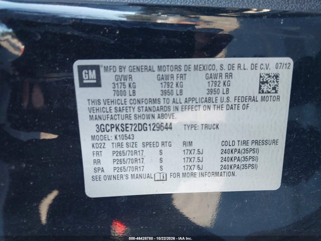 Aukcja sprzedaży 2013 Chevrolet Silverado 1500 Lt, vin: 3GCPKSE72DG129644, numer aukcji: 46428780