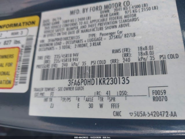 Aukcja sprzedaży 2019 Ford Fusion Se, vin: 3FA6P0HD1KR230135, numer aukcji: 46429032