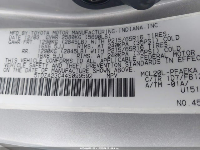 Aukcja sprzedaży 2004 Toyota Sienna Le, vin: 5TDZA23C44S099592, numer aukcji: 46429107