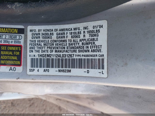 Продаж на аукціоні авто 2004 Honda Civic Vp, vin: 1HGEM21124L031267, номер лоту: 46429259