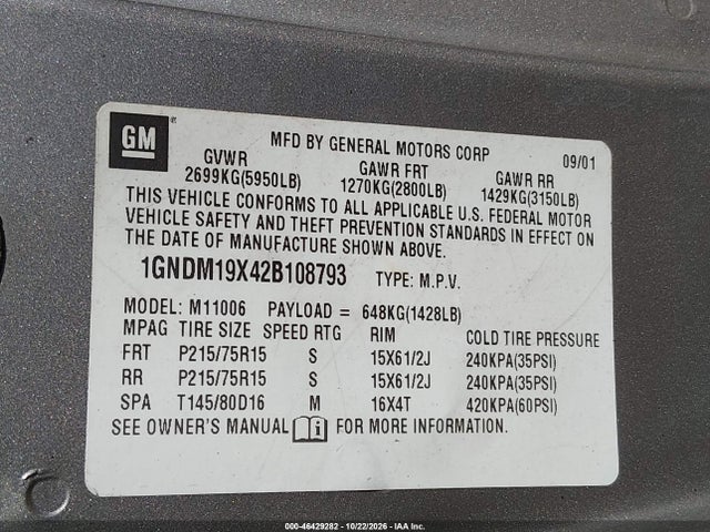 Продажа на аукционе авто 2002 Chevrolet Astro Ls, vin: 1GNDM19X42B108793, номер лота: 46429282