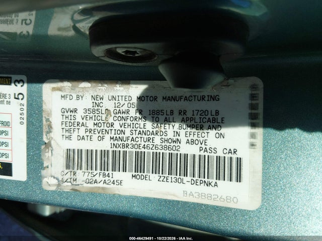 Продажа на аукционе авто 2006 Toyota Corolla Le, vin: 1NXBR30E46Z638602, номер лота: 46429491