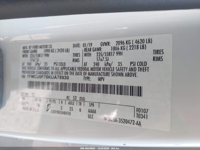 Ford ESCAPE S 2019 1FMCU0F78KUA78930 Image 9