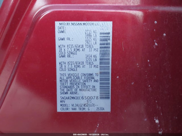 Продаж на аукціоні авто 2014 Nissan Pathfinder Sl, vin: 5N1AR2MN1EC650078, номер лоту: 46429659