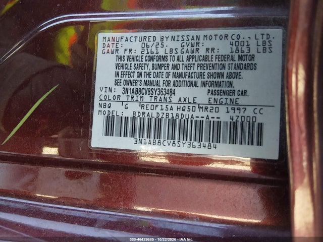 3N1AB8CV8SY363484 Nissan SENTRA SV