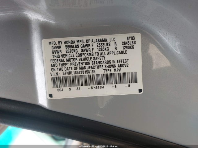 Aukcja sprzedaży 2003 Honda Odyssey Lx, vin: 5FNRL18573B158135, numer aukcji: 46430129