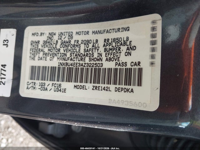 Продаж на аукціоні авто 2010 Toyota Corolla Le, vin: 1NXBU4EE3AZ322503, номер лоту: 46430141