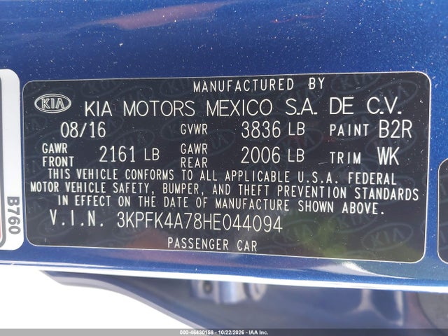 2017 Kia Forte Lx მანქანა იყიდება აუქციონზე, vin: 3KPFK4A78HE044094, აუქციონის ნომერი: 46430158