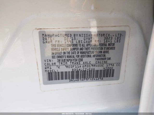 Aukcja sprzedaży 2015 Nissan Sentra Fe+ S/s/sl/sr/sv, vin: 3N1AB7AP9FY241298, numer aukcji: 46430370