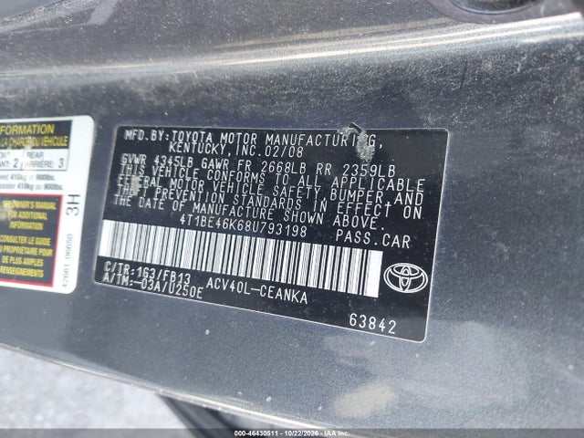 46430511 :رقم المزاد ، 4T1BE46K68U793198 vin ، 2008 Toyota Camry Le مزاد بيع