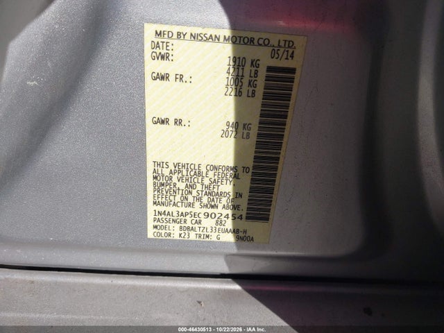 Продажа на аукционе авто 2014 Nissan Altima 2.5 Sv, vin: 1N4AL3AP5EC902454, номер лота: 46430513