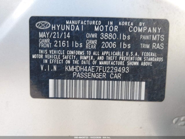 Auction sale of the 2015 Hyundai Elantra Se (ulsan Plant), vin: KMHDH4AE7FU229493, lot number: 46430723