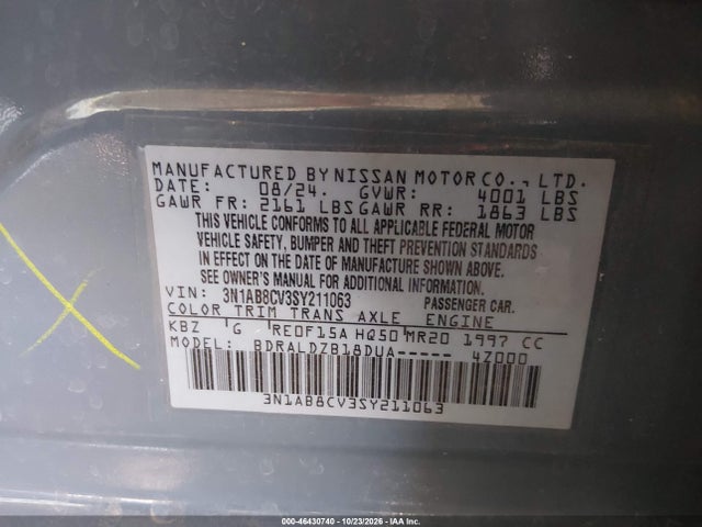 3N1AB8CV3SY211063 Nissan SENTRA SV