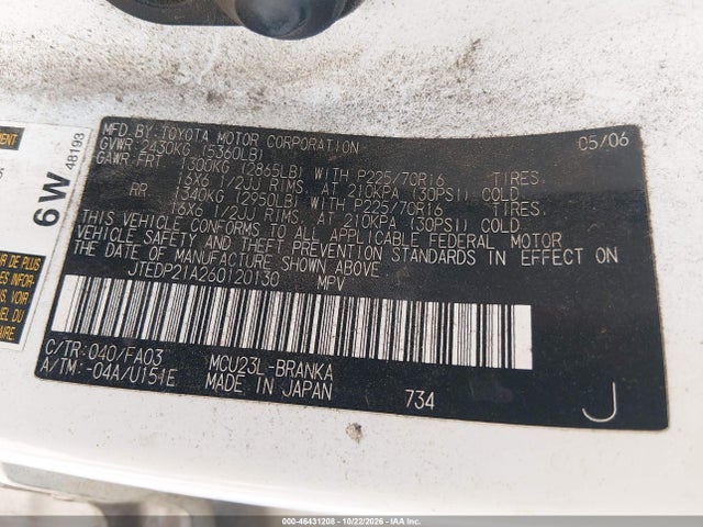 46431208 :رقم المزاد ، JTEDP21A260120130 vin ، 2006 Toyota Highlander V6 مزاد بيع