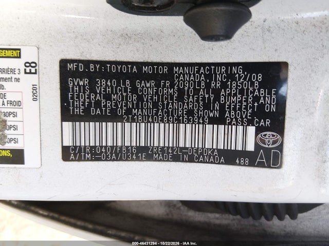 Продаж на аукціоні авто 2009 Toyota Corolla Le, vin: 2T1BU40E89C163949, номер лоту: 46431294