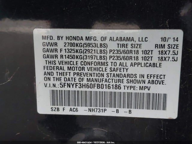 46431434 :رقم المزاد ، 5FNYF3H60FB016186 vin ، 2015 Honda Pilot Ex-l مزاد بيع