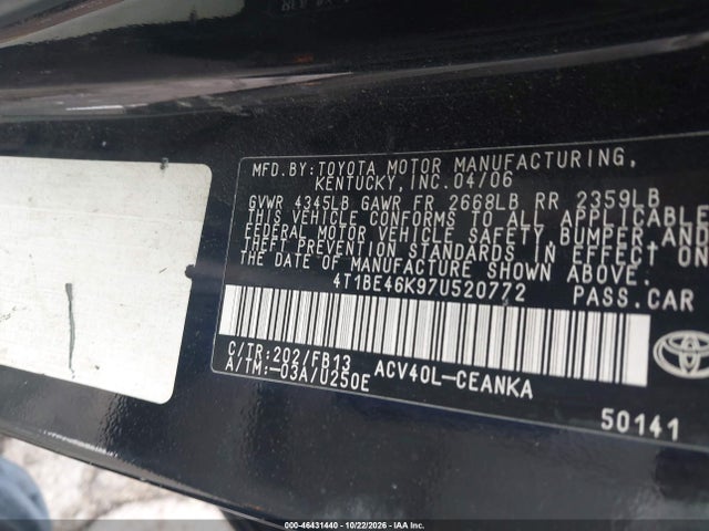 46431440 :رقم المزاد ، 4T1BE46K97U520772 vin ، 2007 Toyota Camry Le مزاد بيع