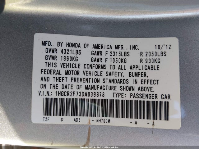 Продаж на аукціоні авто 2013 Honda Accord Ex, vin: 1HGCR2F73DA039878, номер лоту: 46431529