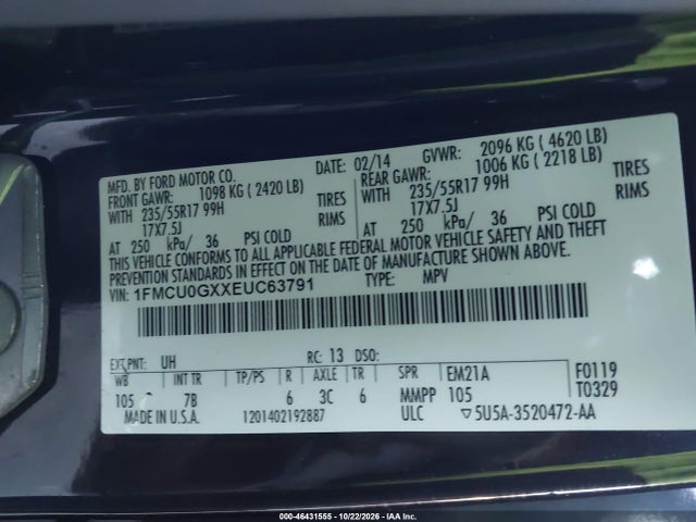 Продажа на аукционе авто 2014 Ford Escape Se, vin: 1FMCU0GXXEUC63791, номер лота: 46431555