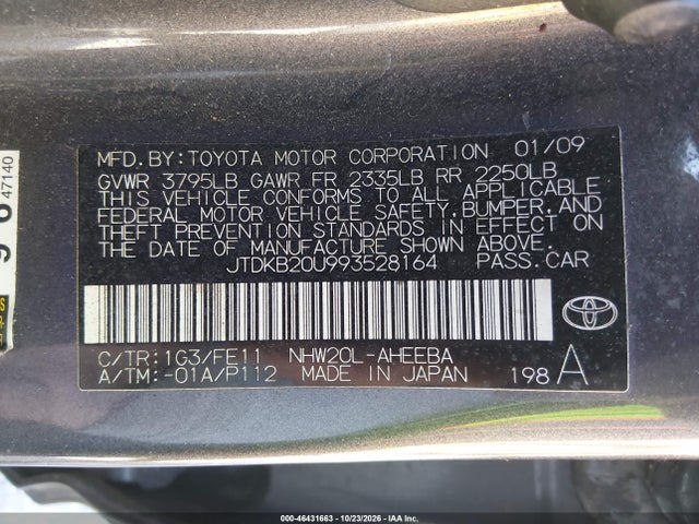46431663 :رقم المزاد ، JTDKB20U993528164 vin ، 2009 Toyota Prius Touring مزاد بيع