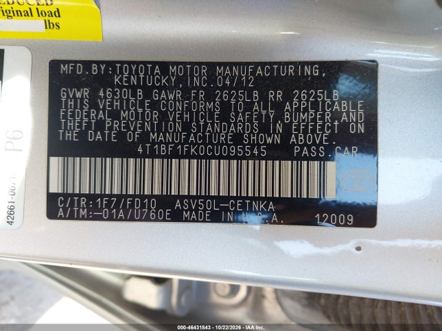 Aukcja sprzedaży 2012 Toyota Camry Le, vin: 4T1BF1FK0CU095545, numer aukcji: 46431843