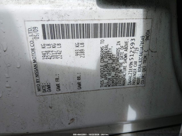 Aukcja sprzedaży 2009 Nissan Altima 2.5 S, vin: 1N4AL21E49N512593, numer aukcji: 46432051