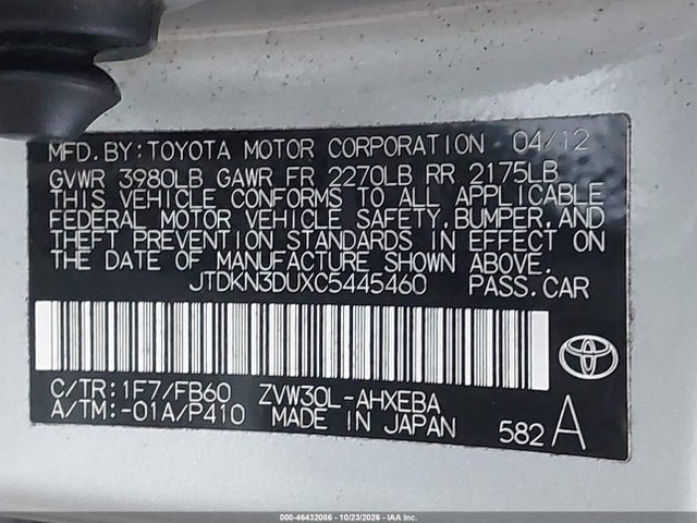 Aukcja sprzedaży 2012 Toyota Prius Three, vin: JTDKN3DUXC5445460, numer aukcji: 46432086