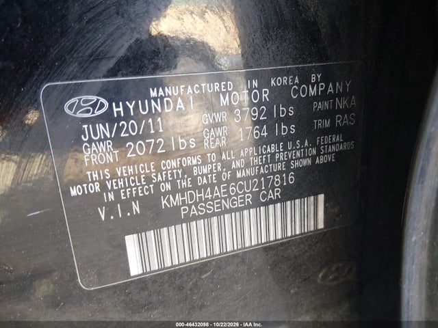 Продаж на аукціоні авто 2012 Hyundai Elantra Limited (ulsan Plant), vin: KMHDH4AE6CU217816, номер лоту: 46432098