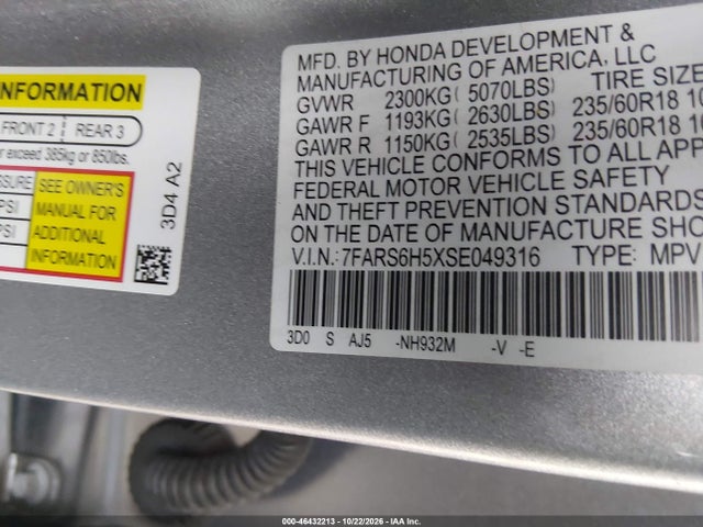 46432213 :رقم المزاد ، 7FARS6H5XSE049316 vin ، 2025 Honda Cr-v Hybrid Sport مزاد بيع