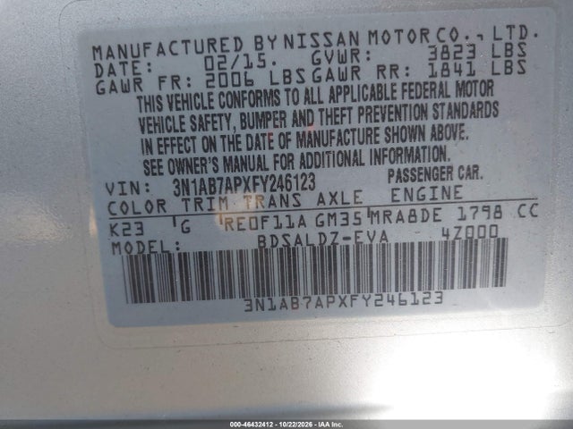2015 Nissan Sentra Sv მანქანა იყიდება აუქციონზე, vin: 3N1AB7APXFY246123, აუქციონის ნომერი: 46432412